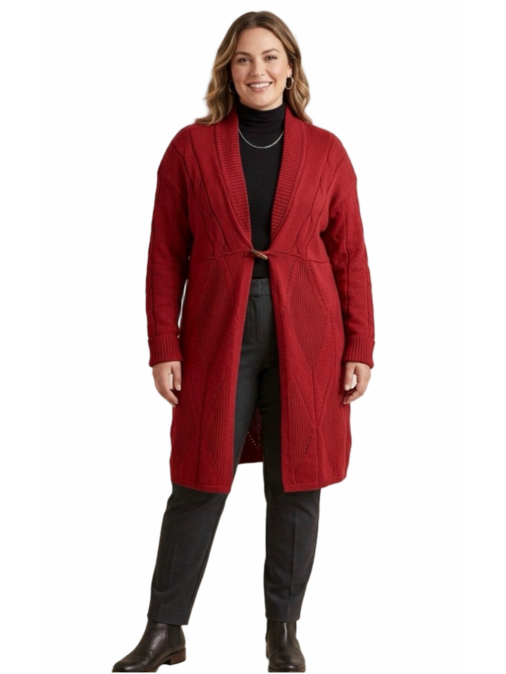 Vintage Red Mixed Cable Knit Duster Cardigan Shawl Collar Toggle Plus SZ 2XL1310